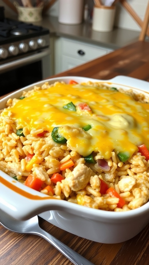 A delicious chicken and rice casserole with melted cheese, served in a rustic dish on a wooden table.